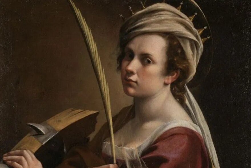 Self-portrait of Italian Baroque painter Artemisia Gentileschi as St Catherine, seated holding a wheel and plume.