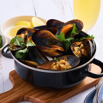 A pot of mussels.