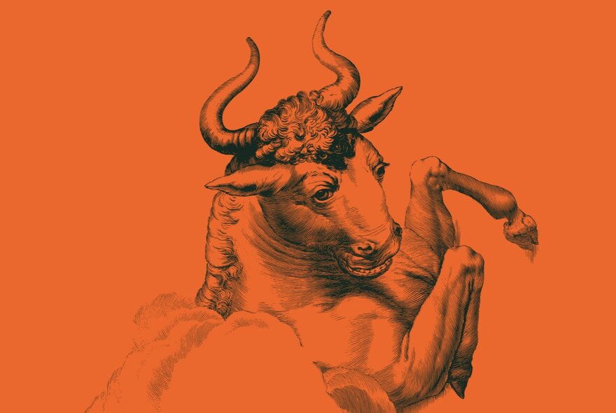 A hand-drawing of a strong bull with curved horns, rearing up in a cloud of dust, on a red background.