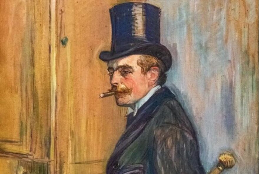 Oil painting of a distinguished 19th century gentleman wearing a top hat and smoking a cigar.