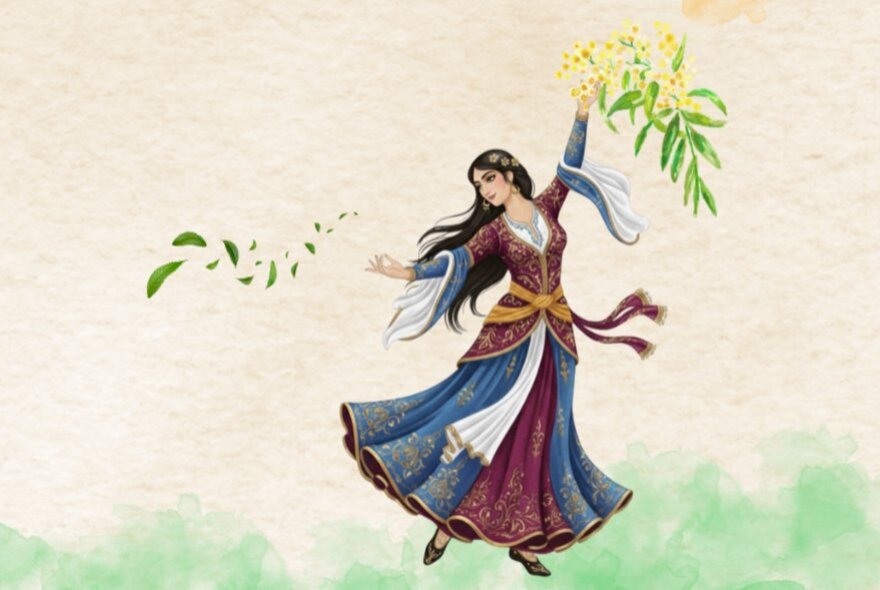 Drawing of a woman in a flowing Persian dress dancing, with flowers and foliage coming out of her raised hands.