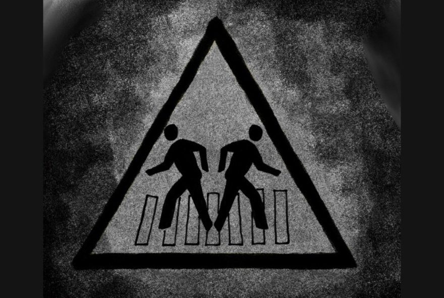 Road sign of pedestrians walking on a zebra crossing.