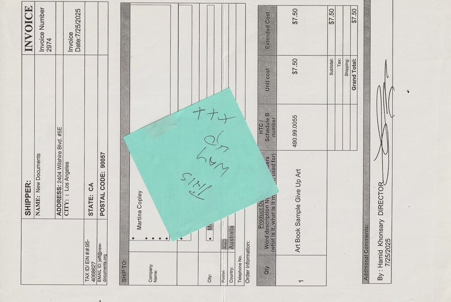 Paper invoice with green post-it note.