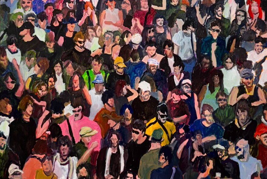 A painting looking down on a crowd of people at a venue. 