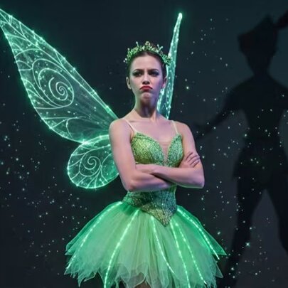A dancer wears a vibrant green, light-up ballerina-style tutu dress with a matching crown, and large, glowing translucent fairy wings spread out behind her, standing against a dark background.