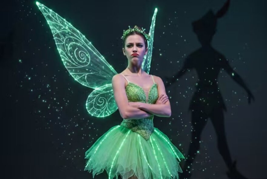 A dancer wears a vibrant green, light-up ballerina-style tutu dress with a matching crown, and large, glowing translucent fairy wings spread out behind her, standing against a dark background.