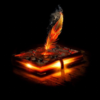 Image of a feather stuck in a book that is glowing, as if filled with embers. 