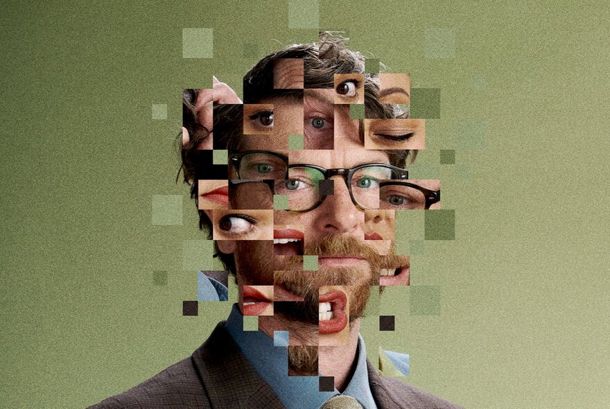 A man's face is fragmented into many small, square pieces, with different parts of eyes, mouths, and other features mixed together in a mosaic pattern against a green background.
