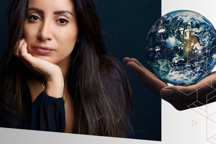 Journalist Antoinette Lattouf, her hand resting under her chin, posed against a dark background; to the side is a hand holding the earth's globe in its palm.