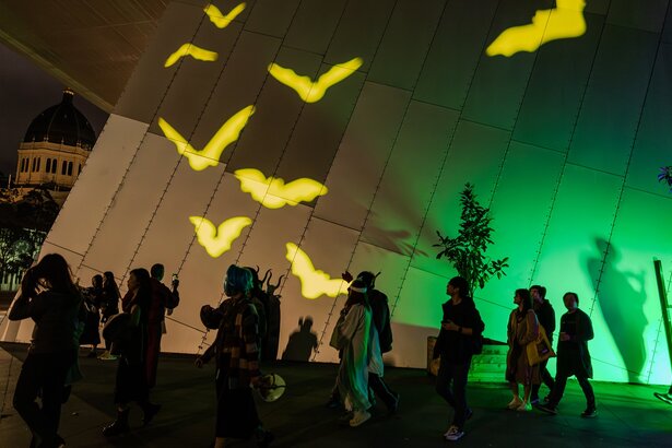 Bat projections on the exterior of the museum at night.