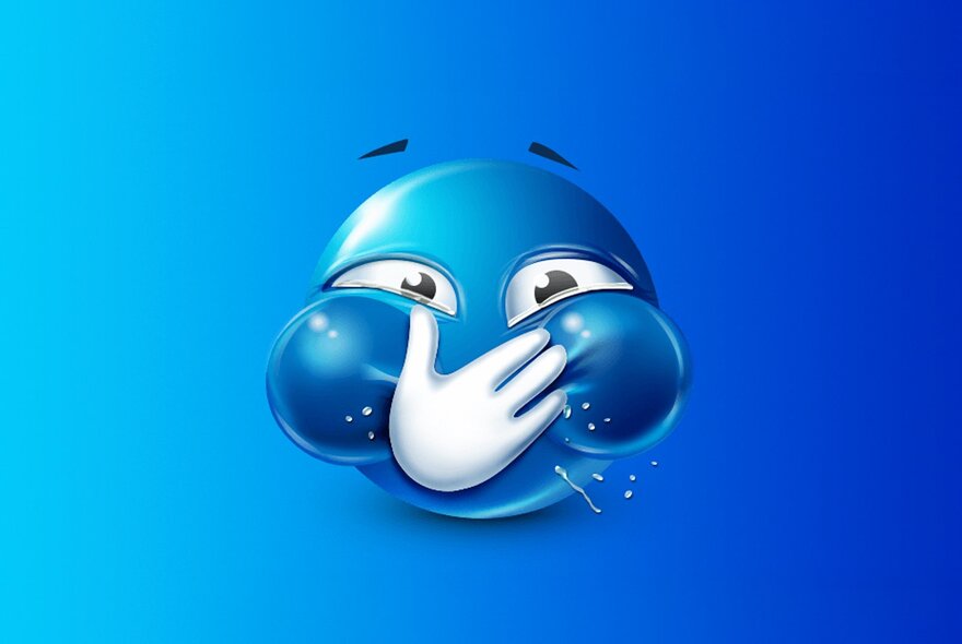 Hand covering a comic cartoon face trying not to laugh.