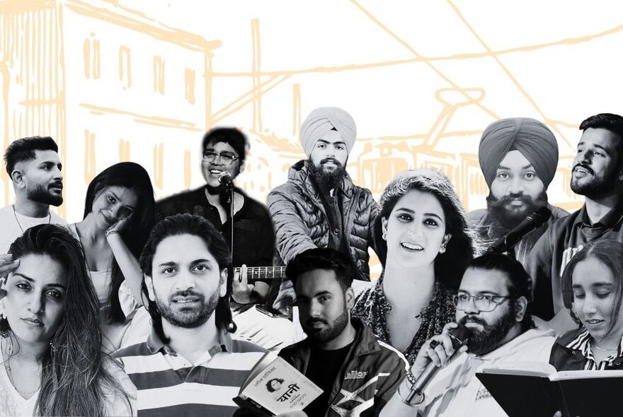 A group of people of Indian heritage in black and white with a line illustration in the background in yellow.