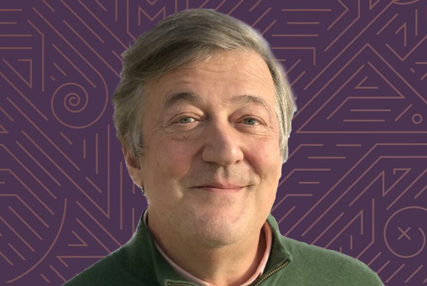 Head and shoulders of the grey-haired comedian, writer and actor Stephen Fry, wryly smiling at the viewer, set against a purple backdrop.