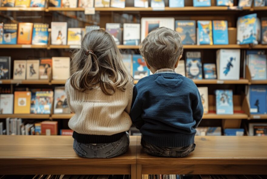 The back of a boy and girl sitting on a bench looking at shelves in a library. 