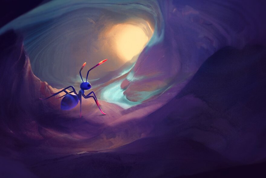 A close-up of an ant with going towards an opening with light showing through.