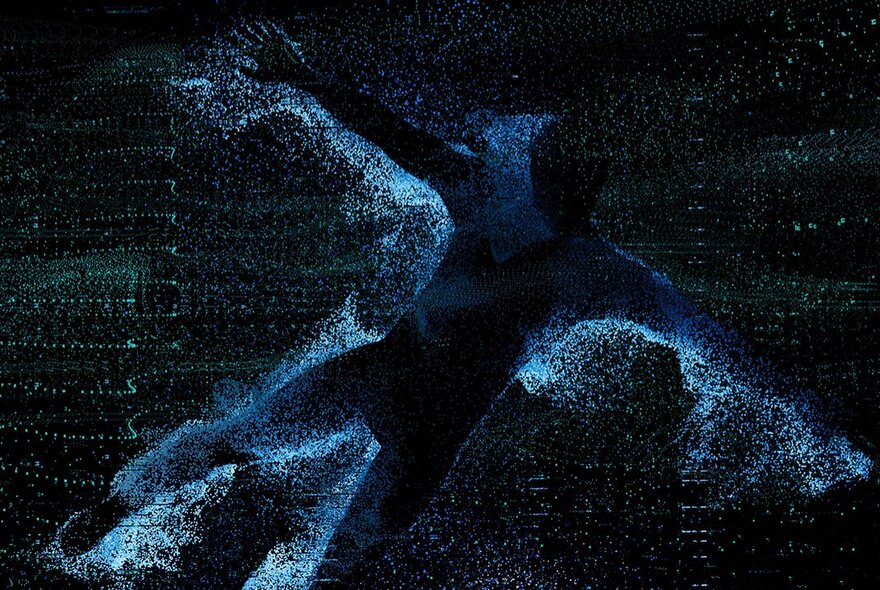 A dark silhouette of the shape of a body against a pixelated dark blue-black digital background.