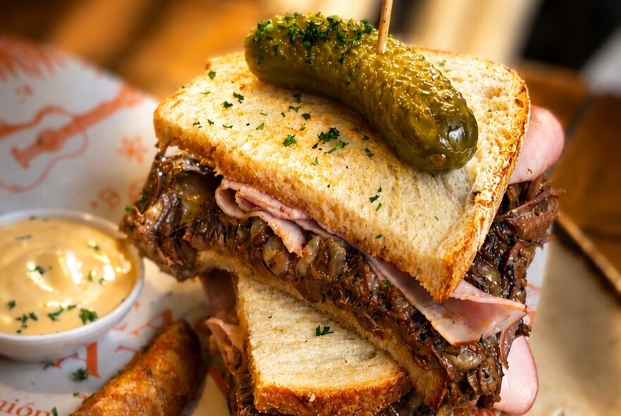 Stacked, Reuben-style meat sandwich on rye bread, topped with a whole pickle on a toothpick, served with a side dipping sauce.