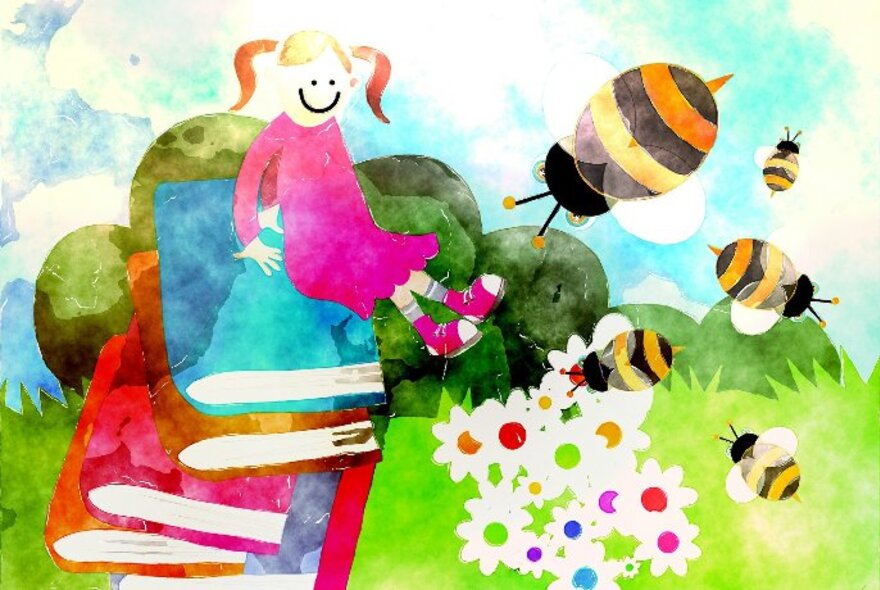 A watercolour picture of a child sitting on top of a giant pile of books in a garden with flowers and oversize bumble bees against green grass and blue sky.