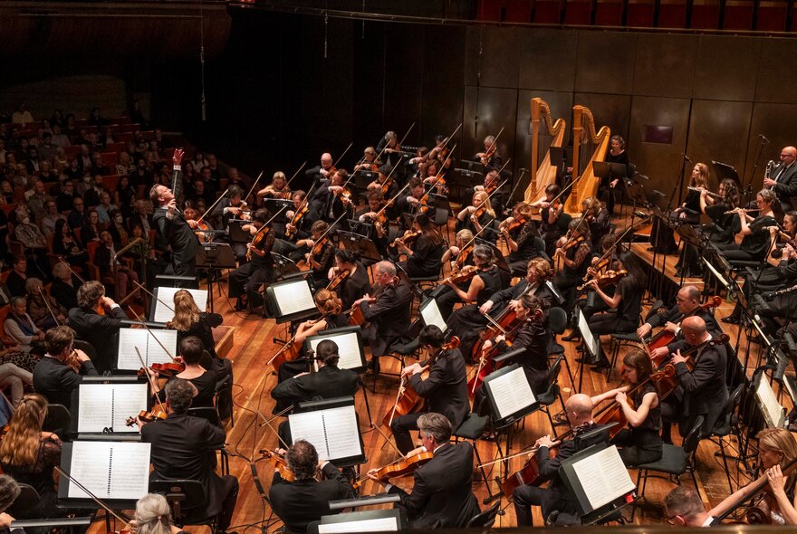 An orchestra on a stage, playing their instruments, with a conductor in front of them and a seated audience just visible to the left of the frame.