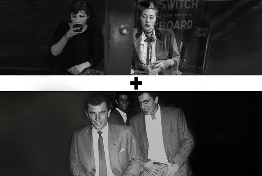 Two images, each a black and white horizontal strip, the top one depicting two women drinking coffee, the lower image is three smiling young men wearing suits, dating from the 1950s.
