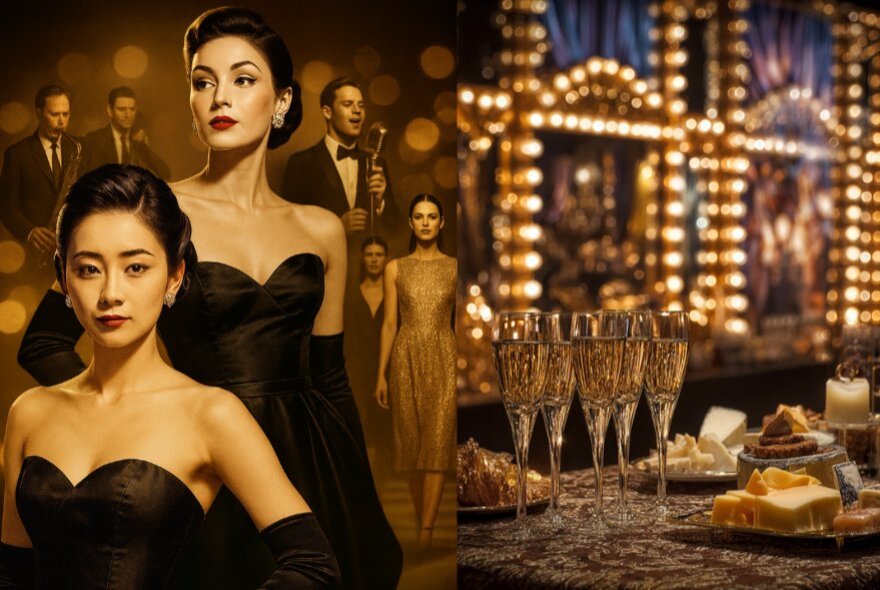 People in dark formal dress in front of a table with glasses of champagne.