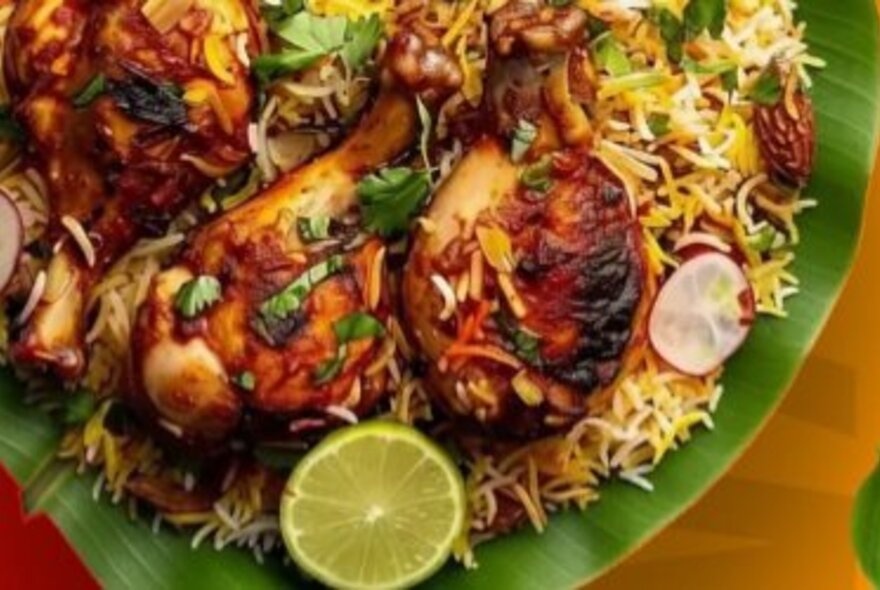 Chicken with garnishes and rice served on a palm leaf.