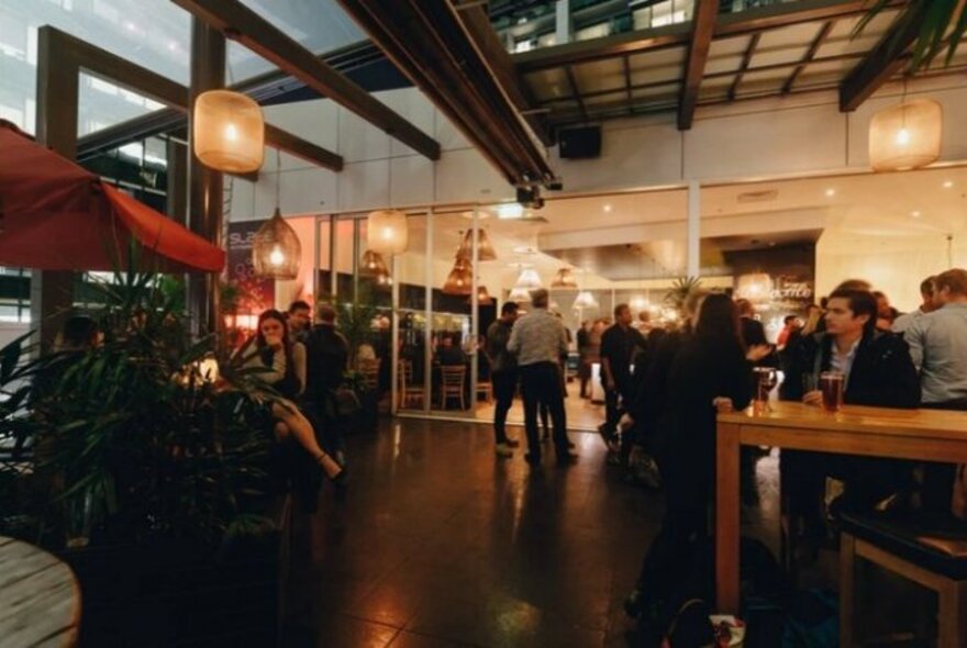 People seated and standing in a bar.