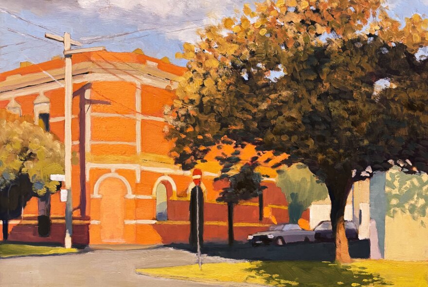 Painting of a large brick building on a corner with a tree in the foreground and some parked cars. 