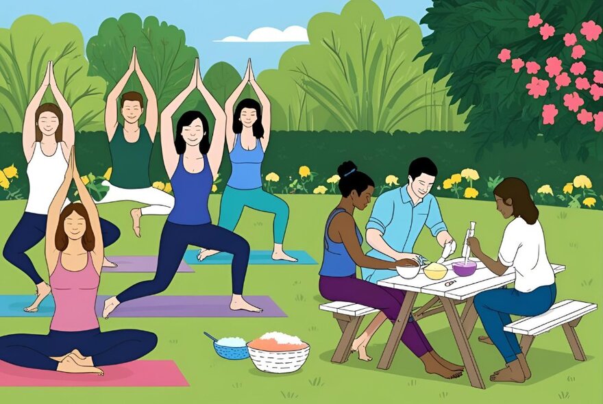 Cartoon artwork of people practising yoga on mats in a park setting with picnickers seated at a table and bench seats.