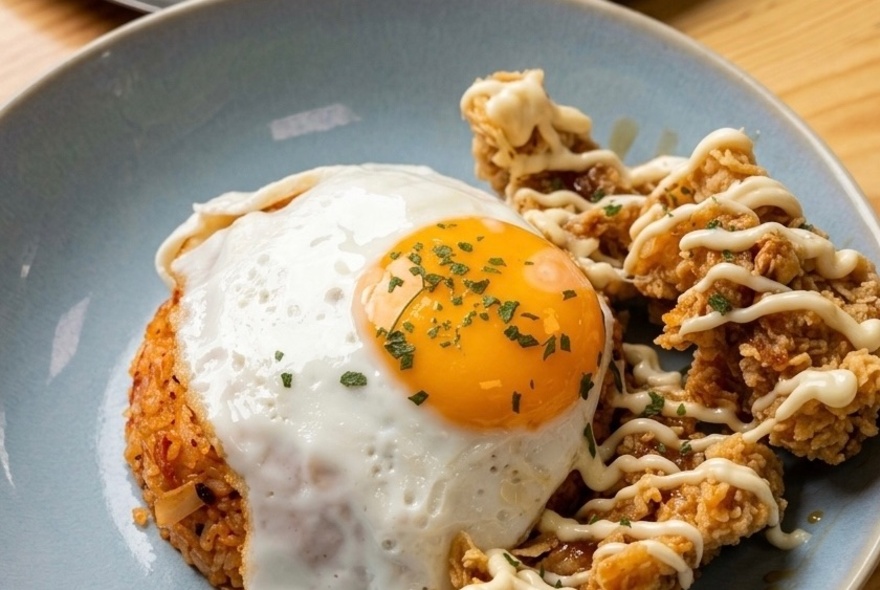A plate of fried food with an egg on top.