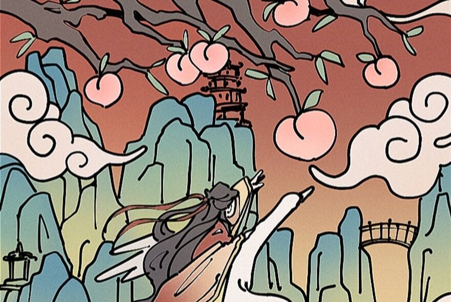An illustration of a white swan flying across a landscape of craggy rocks and swirling clouds, with the limbs of a fruiting peach tree in the foreground.