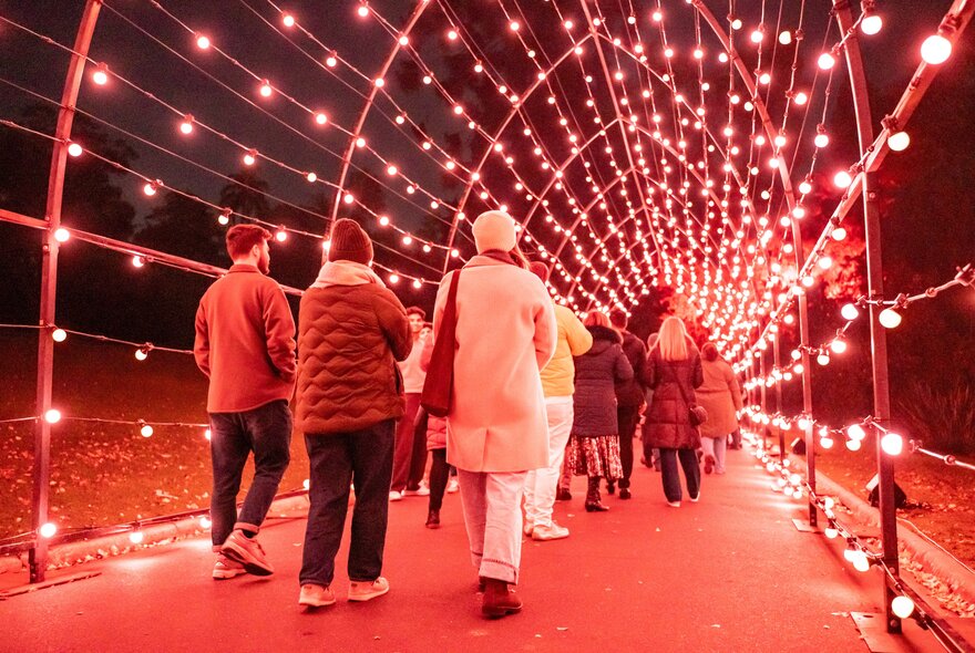 People walking through a light display tunnel at night.