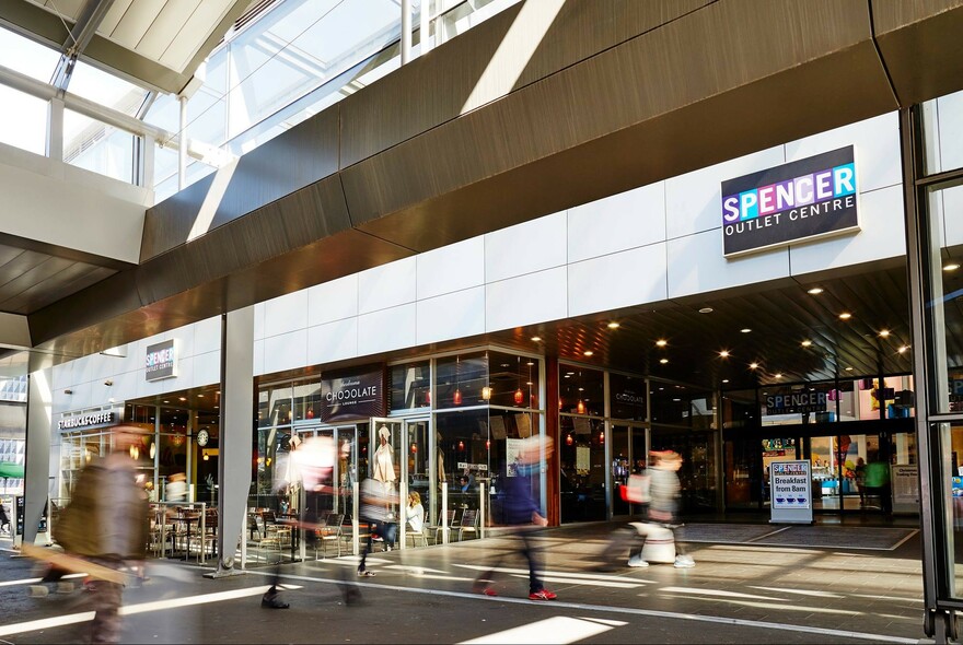 Entrance to Spencer Outlet Centre shopping complex.