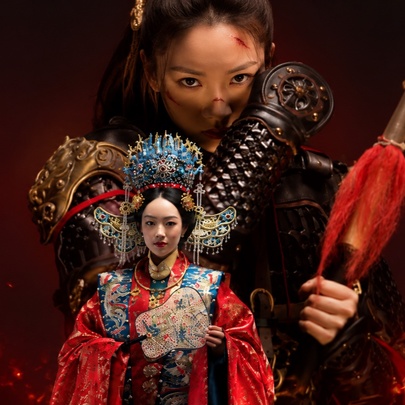 A young woman in a distinct traditional Chinese outfit against a fiery red background of another woman in armour.