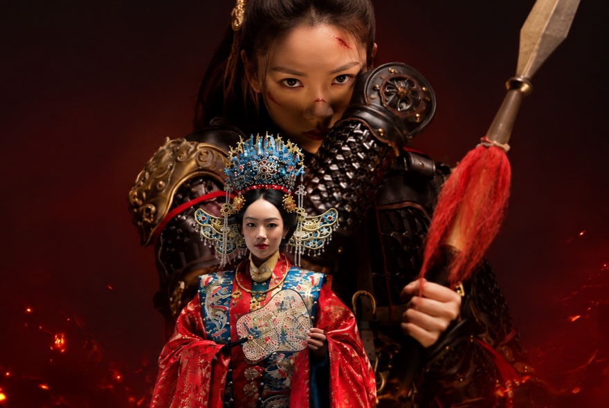 A young woman in a distinct traditional Chinese outfit against a fiery red background of another woman in armour.
