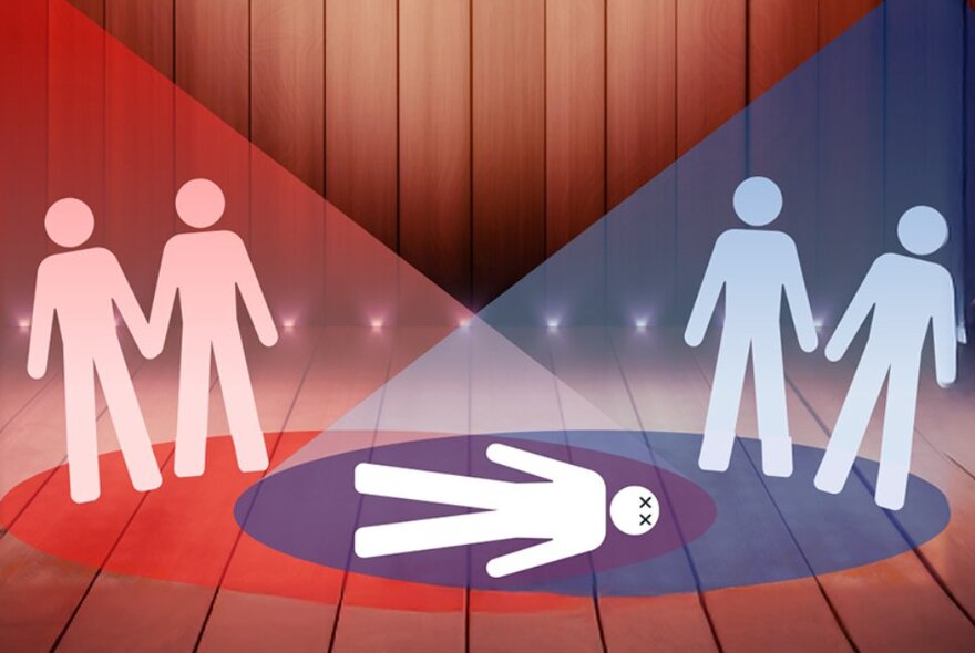 A simple graphic cut-out style of four people in 2D on a theatre stage, standing around a 'dead' 2D figure lying in the centre of the stage who is under the spotlight.