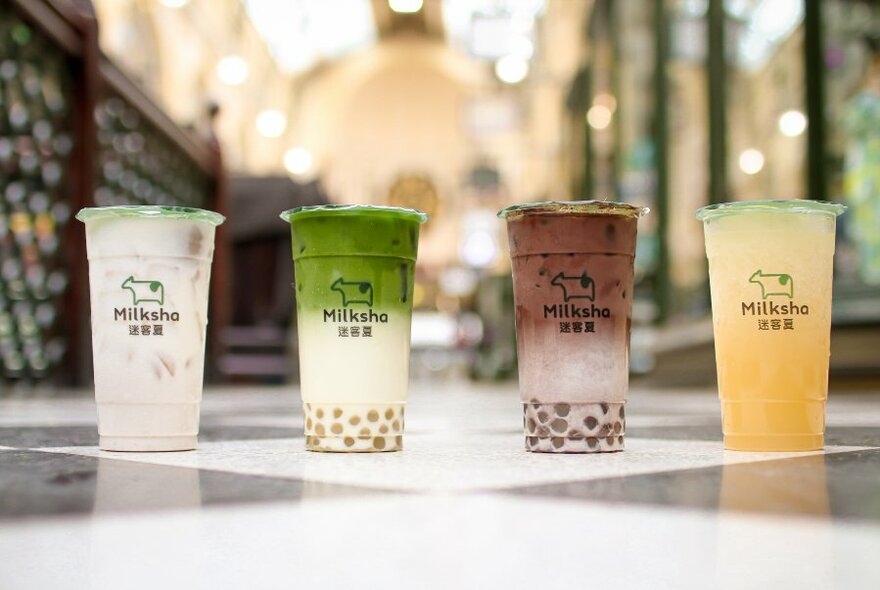 Four different flavours of bubble tea. 