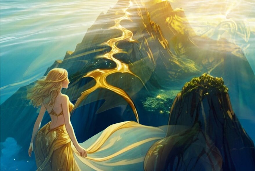 An AI generated image of a woman with flowing golden hair and dress, in front of a mountain with a river of gold flowing down it.