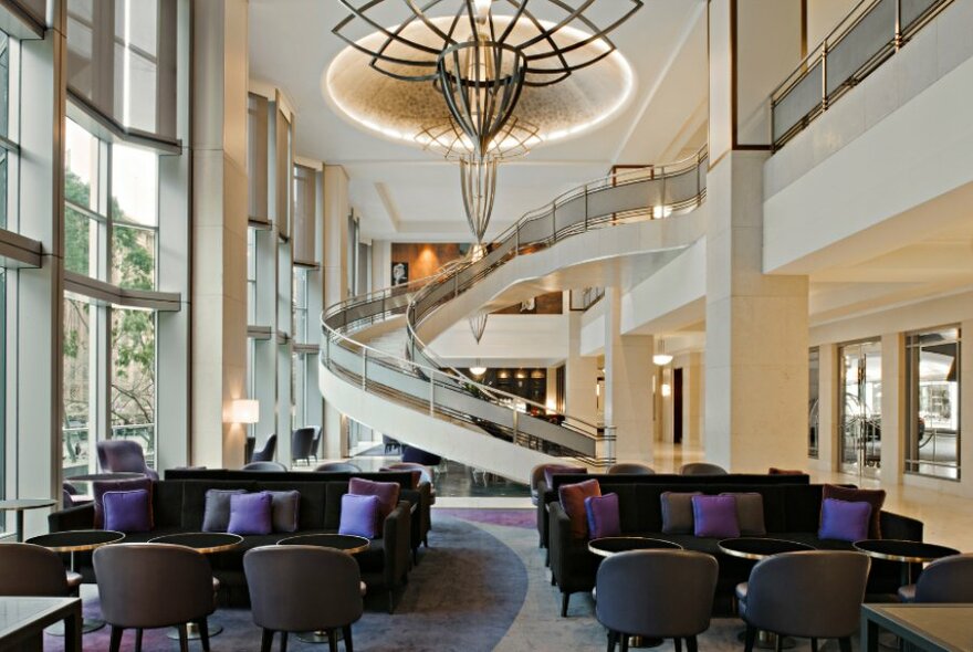 Seats and coffee tables in Westin Hotel lobby lounge.