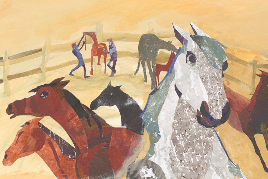 A collage artwork featuring different coloured horses in the foreground, a fence and figures in the background.