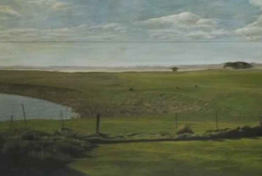 An example of Michael Bragge's 6x4 inch landscape paintings, showing farmland with a green paddock and a low dam.