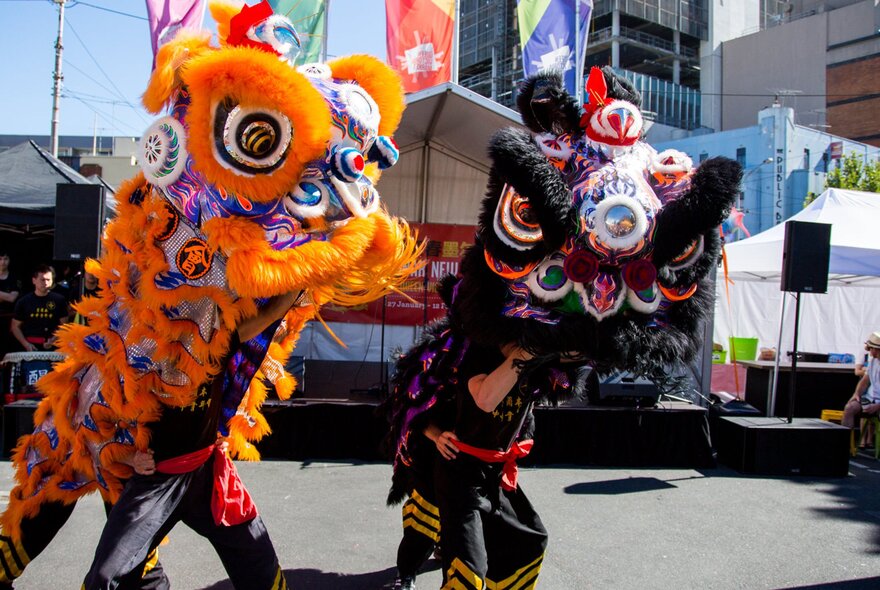 Two Chinese lion dancers performing at a festival.