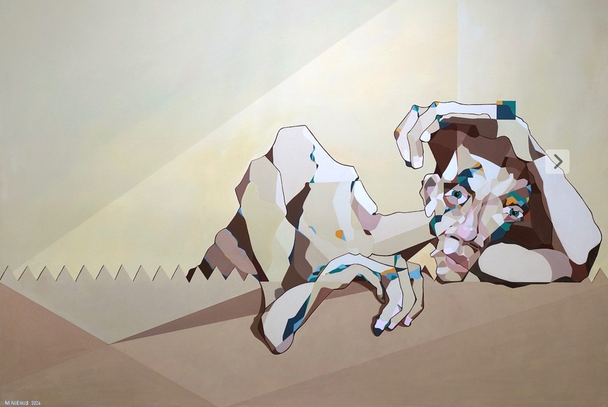 A geometric-shaped portrait of a man holding his head in his arm as he leans over a table, in shades of brown.