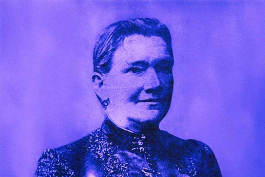 Purple-stained, black and white portrait of 19th century North Melbourne proto-feminist, Brettena Smyth.