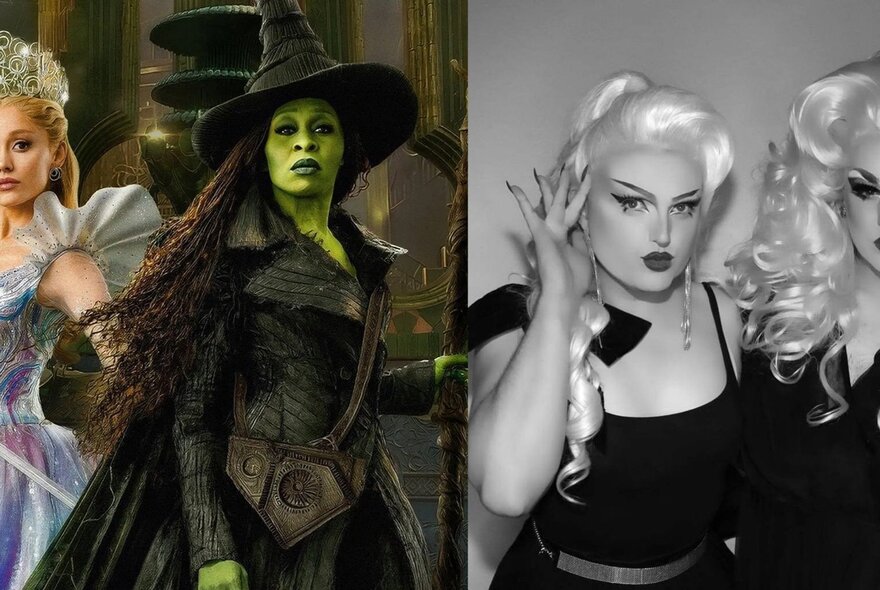 Glinda and Elphaba from Wicked: For Good, alongside a black and white photo of two drag queens with blonde hair.