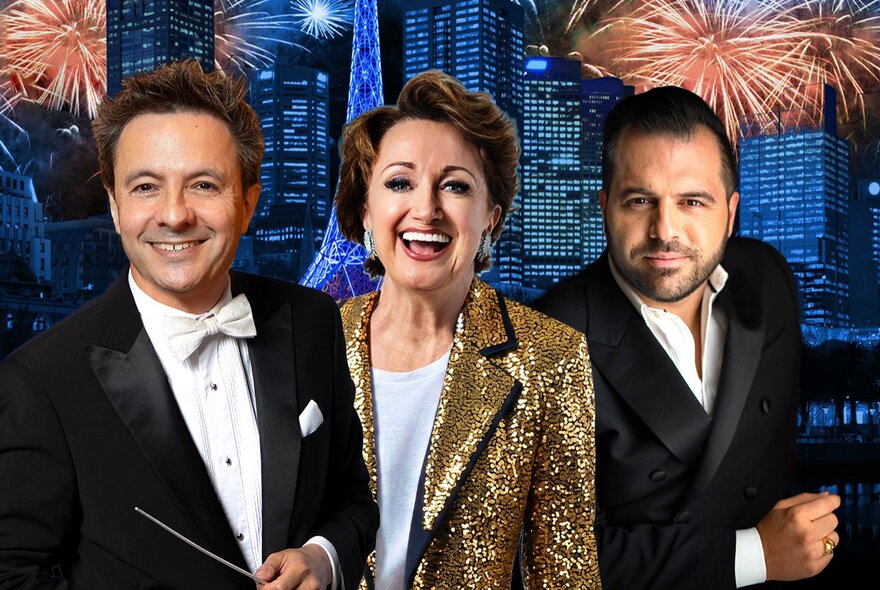 Three entertainers in formal attire in front images of the Melbourne skyline and fireworks. 