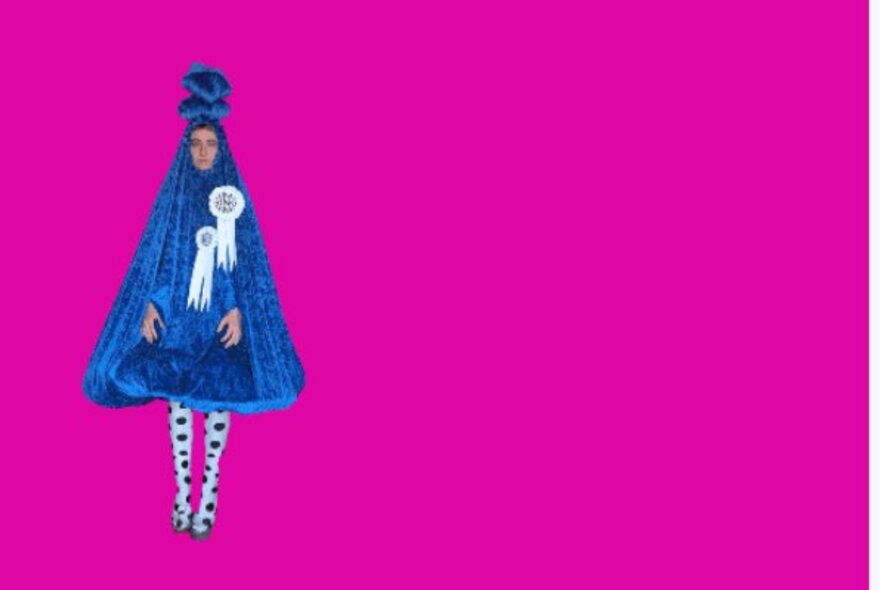 Drawing of a figure wearing a blue cape with white rosettes on a pink background.