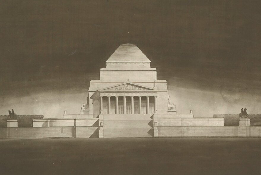 An early charcoal drawing of the current design for the Shrine of Remembrance.