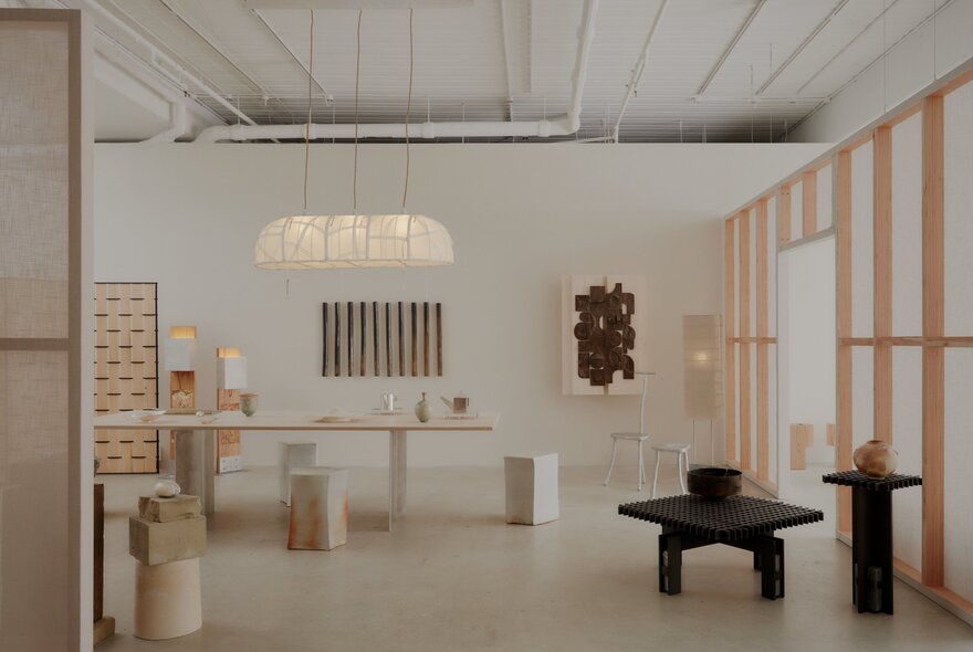 A minimalist cream and white gallery space with small artworks and sculptures displayed.