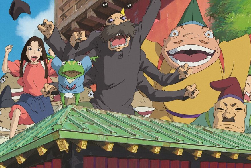 A scene from a Studio Ghibli anime film, with humans and creatures on a green rooftop.